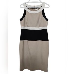 Calvin Klein Beige Black White Sheath Colorblock Sleeveless Dress Size 12 Lined